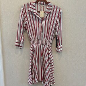 Maje Red and White Striped Long Sleeve Dress